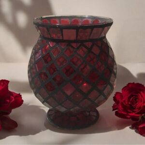 Vintage Estate Gorgeous 7” Crimson Red Mosaic Candle/ Flower Vase